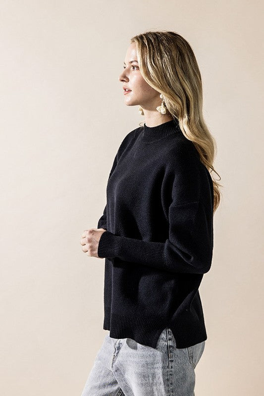 Plus Mock Neck Balloon Sleeve Side Slit Sweater