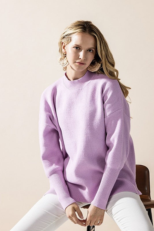 Plus Mock Neck Balloon Sleeve Side Slit Sweater