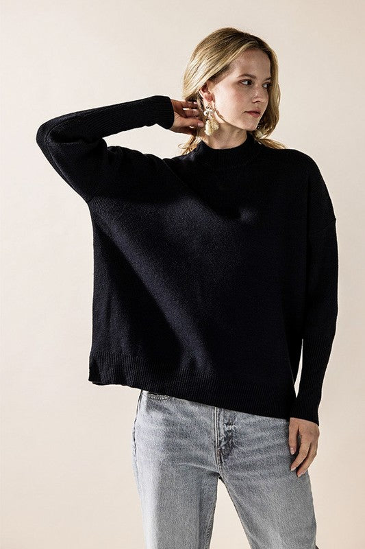 Plus Mock Neck Balloon Sleeve Side Slit Sweater