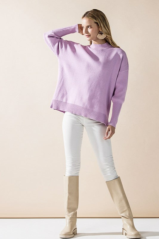 Plus Mock Neck Balloon Sleeve Side Slit Sweater