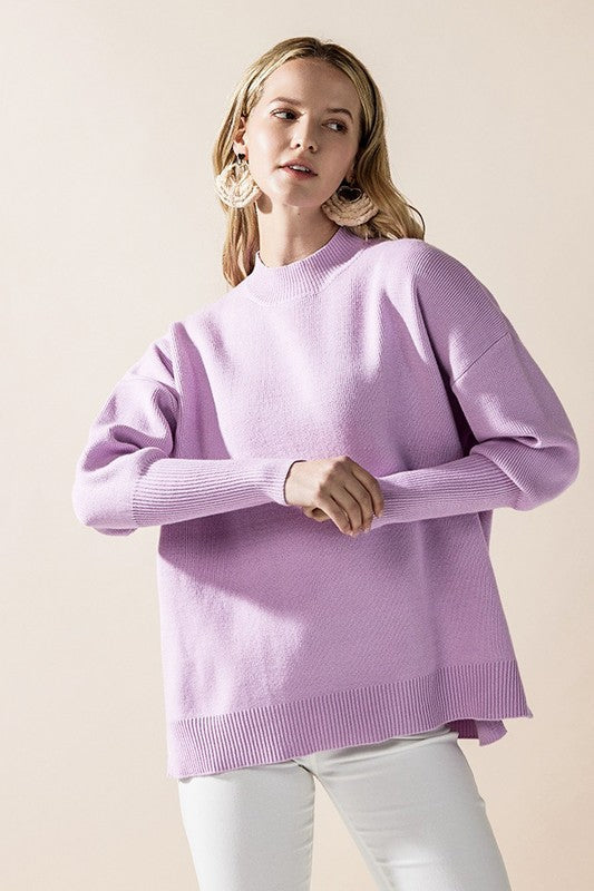 Plus Mock Neck Balloon Sleeve Side Slit Sweater