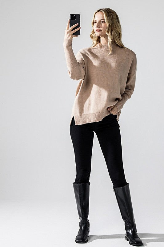 Plus Mock Neck Balloon Sleeve Side Slit Sweater