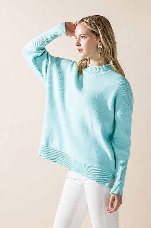 Plus Mock Neck Balloon Sleeve Side Slit Sweater