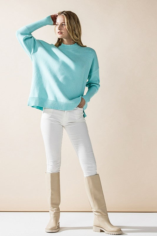 Plus Mock Neck Balloon Sleeve Side Slit Sweater