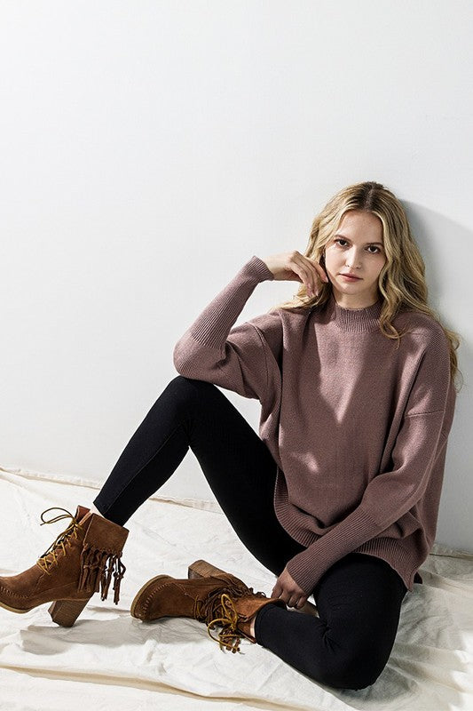 Plus Mock Neck Balloon Sleeve Side Slit Sweater