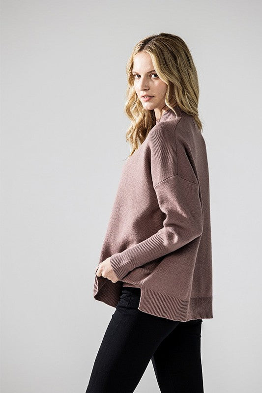 Plus Mock Neck Balloon Sleeve Side Slit Sweater