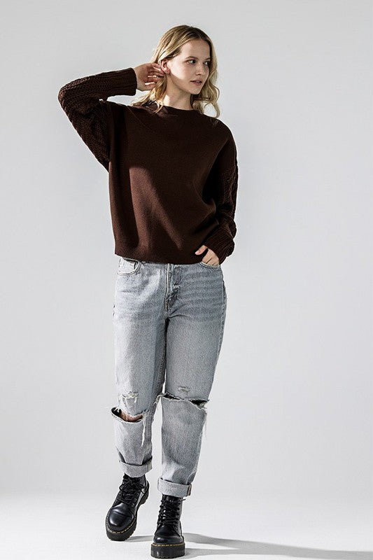 Plus Cozy Solid Body Contrast Cable Knit Sweater