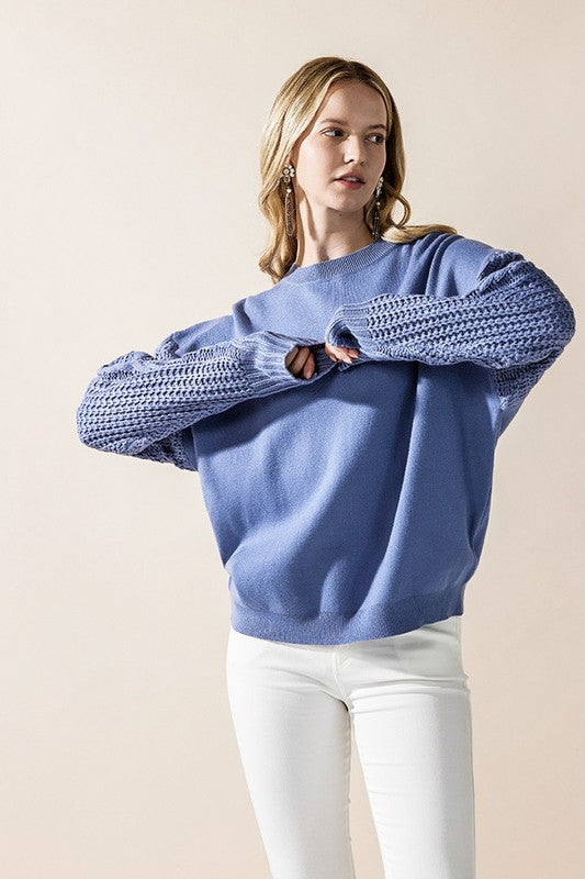 Plus Cozy Solid Body Contrast Cable Knit Sweater