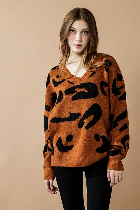 Fuzzy Mohair Jacquard V-Neck Leopard Sweater