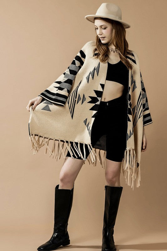 Aztec Fringed Ruana Poncho Sweater Cardigan