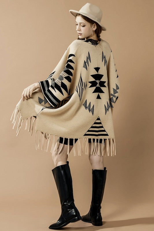 Aztec Fringed Ruana Poncho Sweater Cardigan