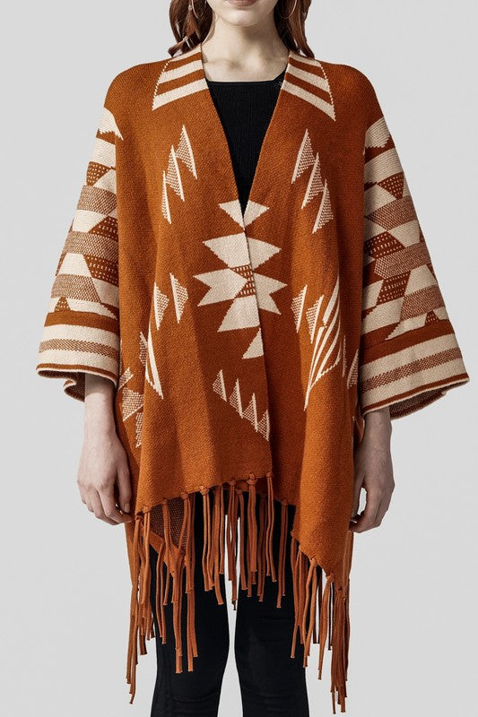 Aztec Fringed Ruana Poncho Sweater Cardigan