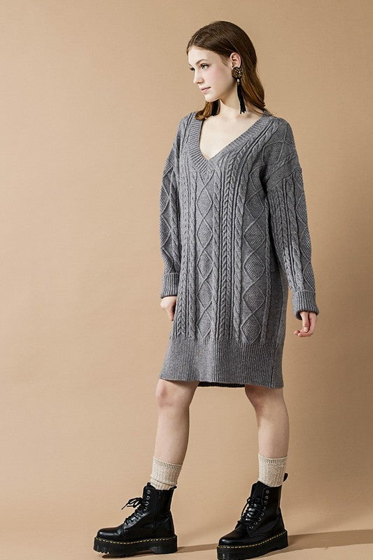 Plus V-Neck Ribbed Hem Cable Knit Sweater Dress