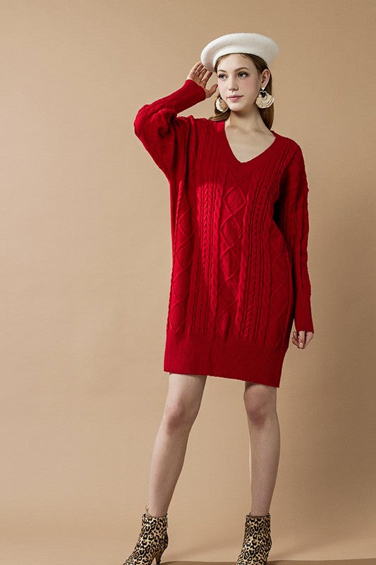 Plus V-Neck Ribbed Hem Cable Knit Sweater Dress