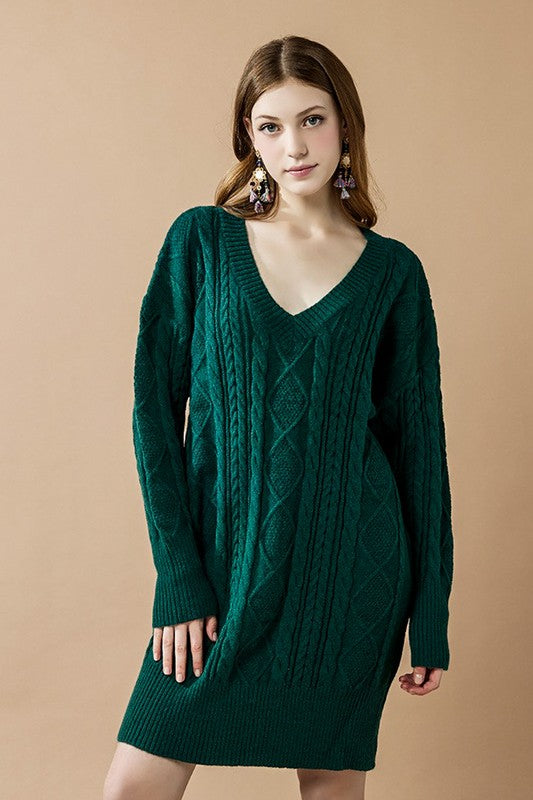 Plus V-Neck Ribbed Hem Cable Knit Sweater Dress