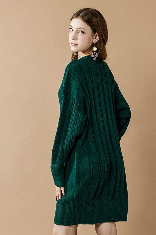 Plus V-Neck Ribbed Hem Cable Knit Sweater Dress