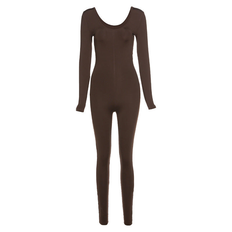 Low-necked Close-fitting Long Sleeve High Waist Solid Color Sports Fitness Jumpsuit