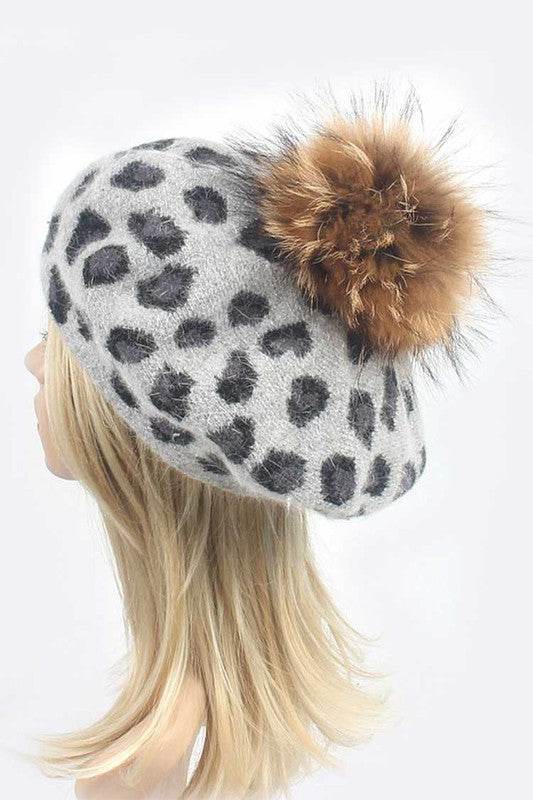 Wool Blend Leopard Print Raccoon Fur Pom Beret