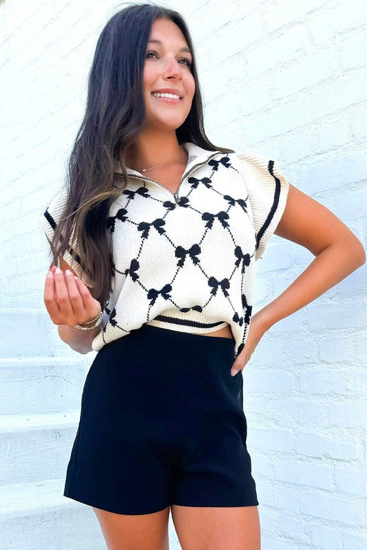 Women Preppy Vibes Bow Print Zipped Collar Sweater