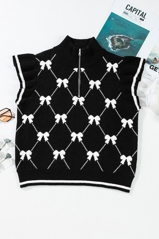 Women Preppy Vibes Bow Print Zipped Collar Sweater
