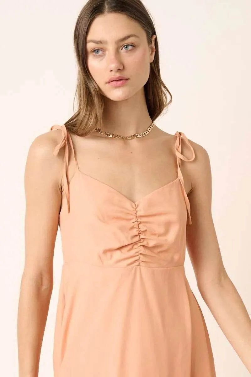 Mittoshop Ruched Detail Spaghetti Tie Mini Dress