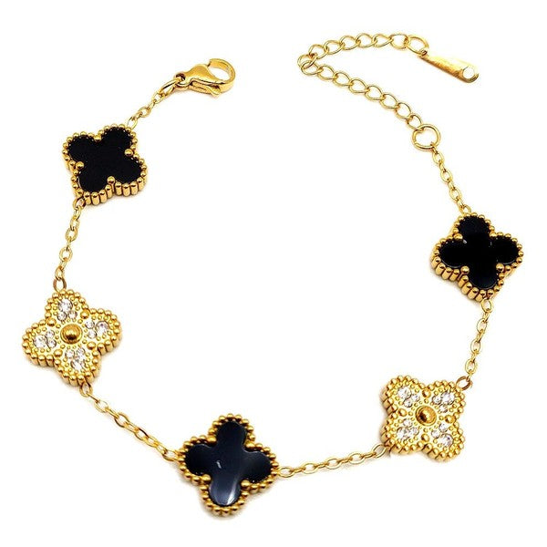 Clover Rhinestone Pearl Plate Chain Bracelet