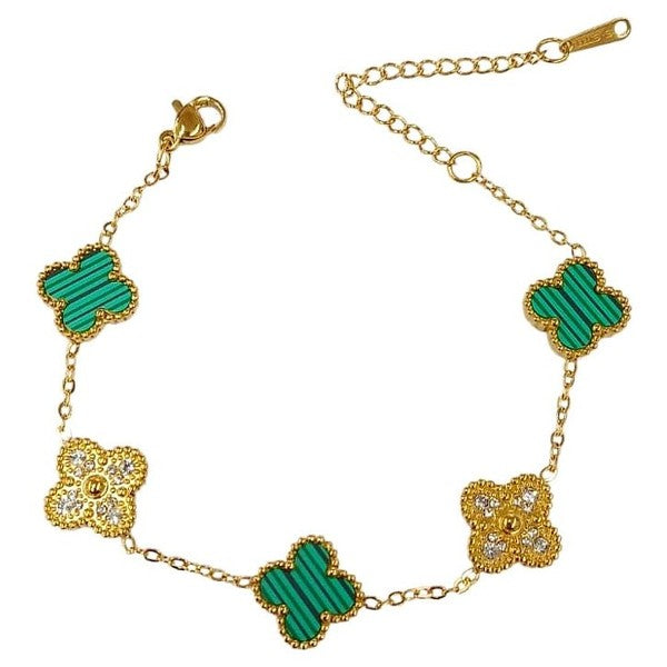 Clover Rhinestone Pearl Plate Chain Bracelet