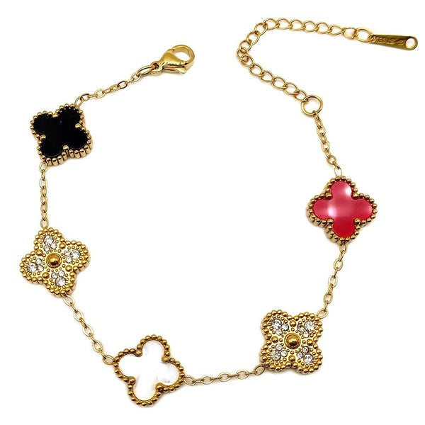 Clover Rhinestone Pearl Plate Chain Bracelet