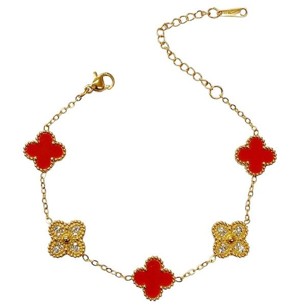 Clover Rhinestone Pearl Plate Chain Bracelet