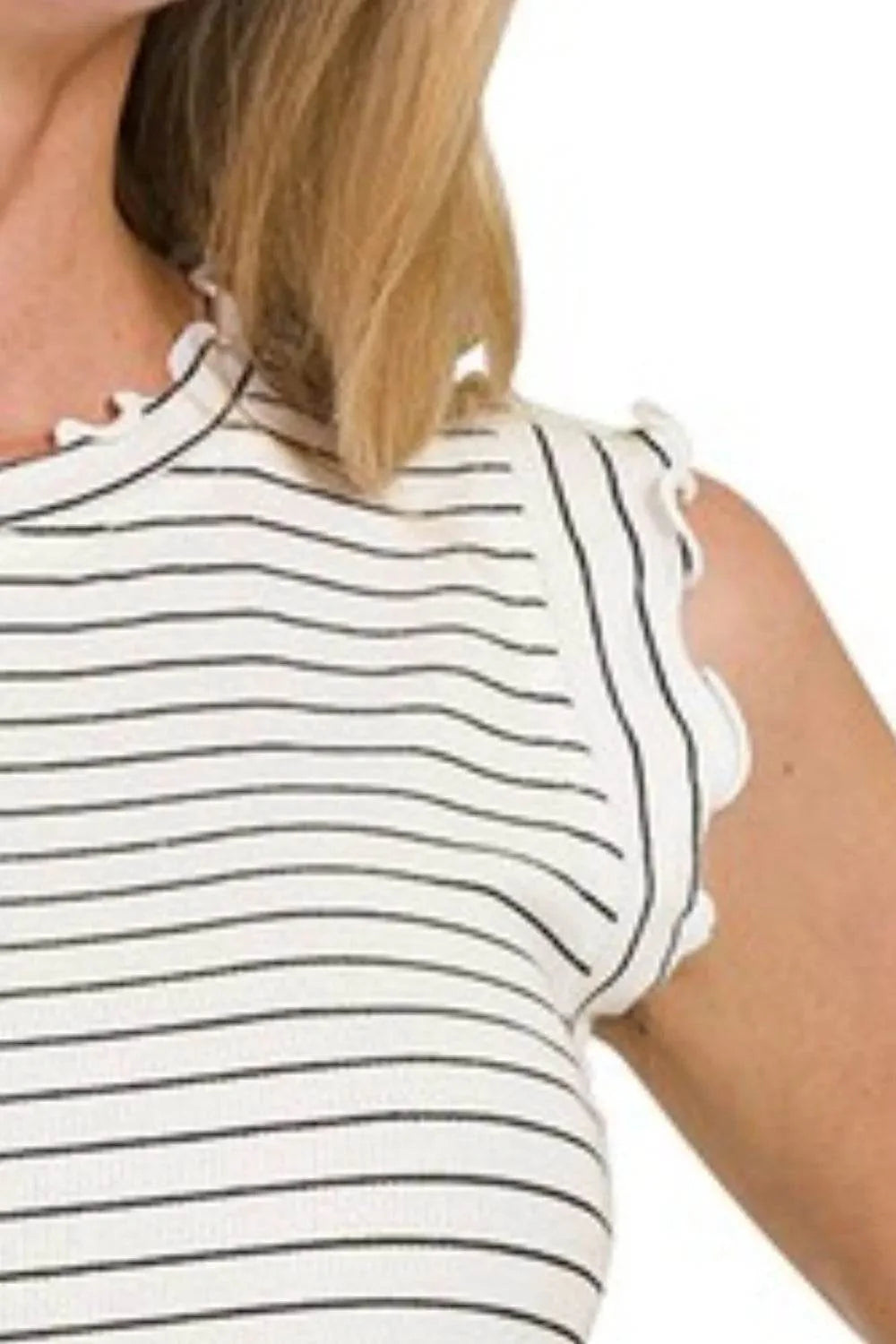 Zenana Ribbed Ruffle Trim Sleeveless Stripe Top