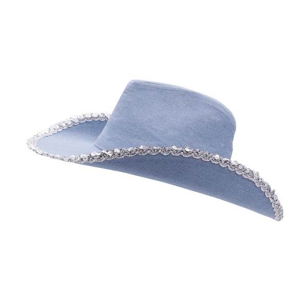 SILVER SEQUIN TRIM DENIM COWBOY HAT