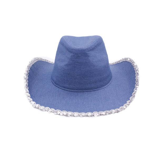 SILVER SEQUIN TRIM DENIM COWBOY HAT