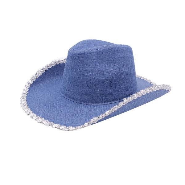 SILVER SEQUIN TRIM DENIM COWBOY HAT