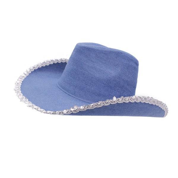 SILVER SEQUIN TRIM DENIM COWBOY HAT