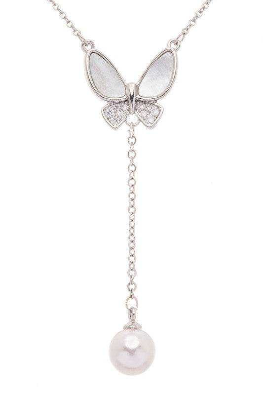 MOP Butterfly Pearl Drop Pendant Necklace