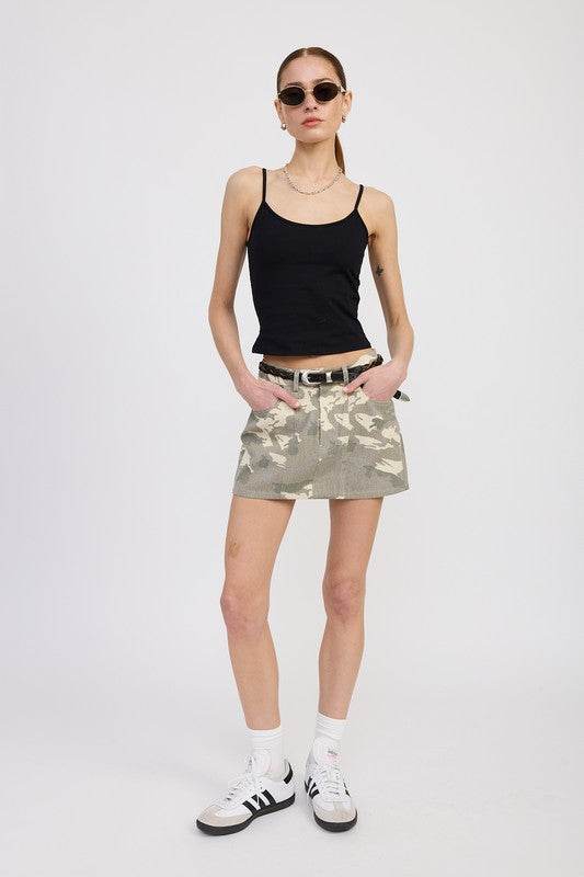 BELTED MINI CAMO SKIRT