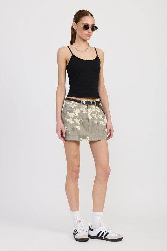 BELTED MINI CAMO SKIRT
