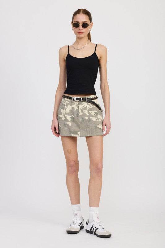BELTED MINI CAMO SKIRT
