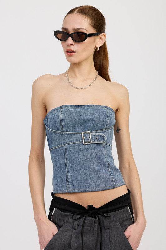 DENIM BUSTIER WITH BUCKLE