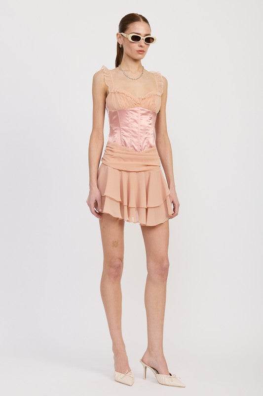 CONTRASTED MINI CORSET DRESS WITH RUFFLE DETAIL