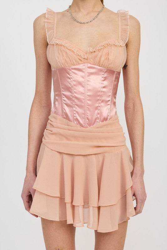 CONTRASTED MINI CORSET DRESS WITH RUFFLE DETAIL