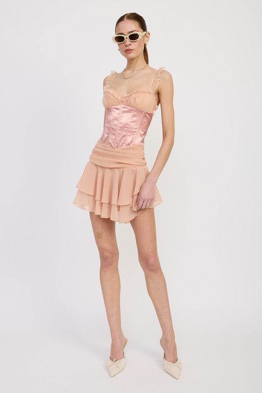 CONTRASTED MINI CORSET DRESS WITH RUFFLE DETAIL
