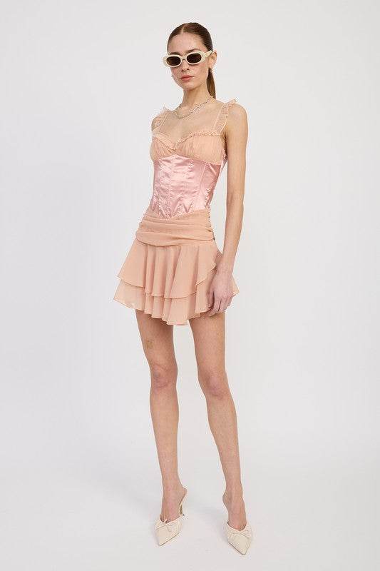 CONTRASTED MINI CORSET DRESS WITH RUFFLE DETAIL
