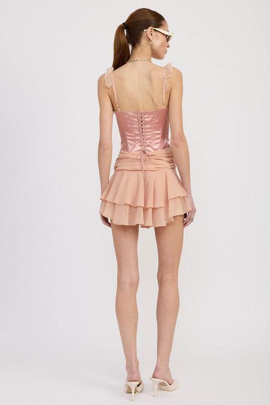 CONTRASTED MINI CORSET DRESS WITH RUFFLE DETAIL