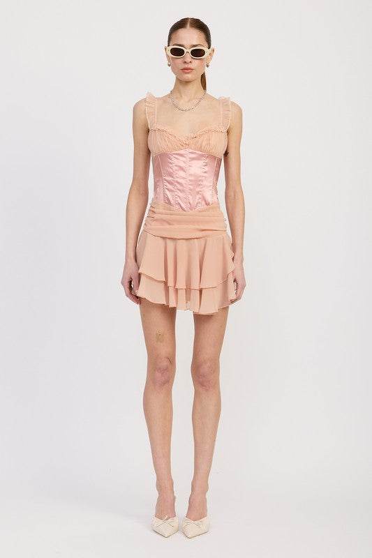 CONTRASTED MINI CORSET DRESS WITH RUFFLE DETAIL