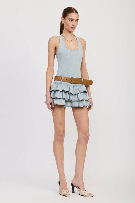 TIERED MINI DRESS WITH HALTER NECK AND BELT