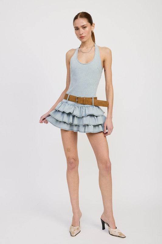 TIERED MINI DRESS WITH HALTER NECK AND BELT