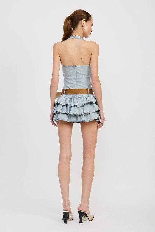 TIERED MINI DRESS WITH HALTER NECK AND BELT