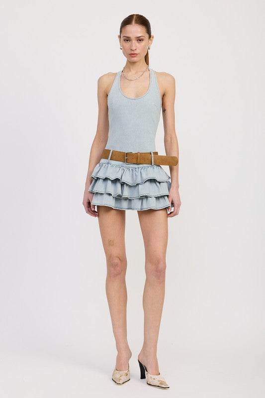 TIERED MINI DRESS WITH HALTER NECK AND BELT