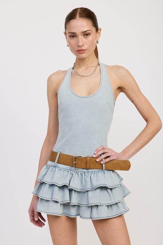 TIERED MINI DRESS WITH HALTER NECK AND BELT